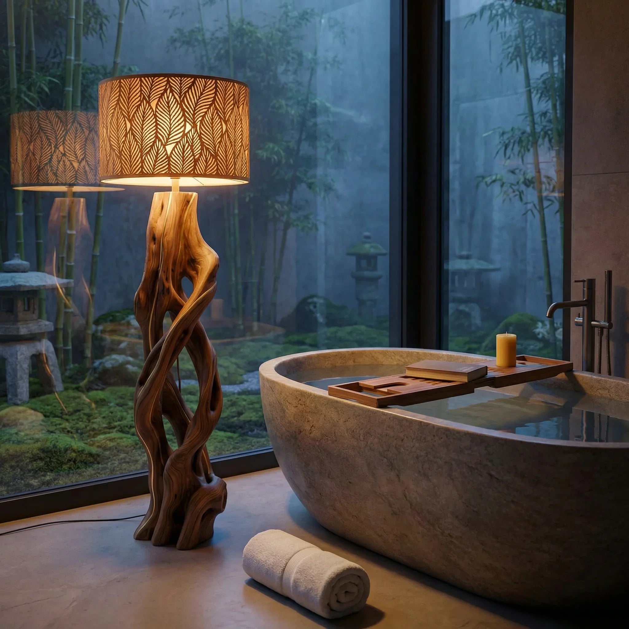 Twisted vine wooden floor lamp beside stone bathtub in modern spa bathroom