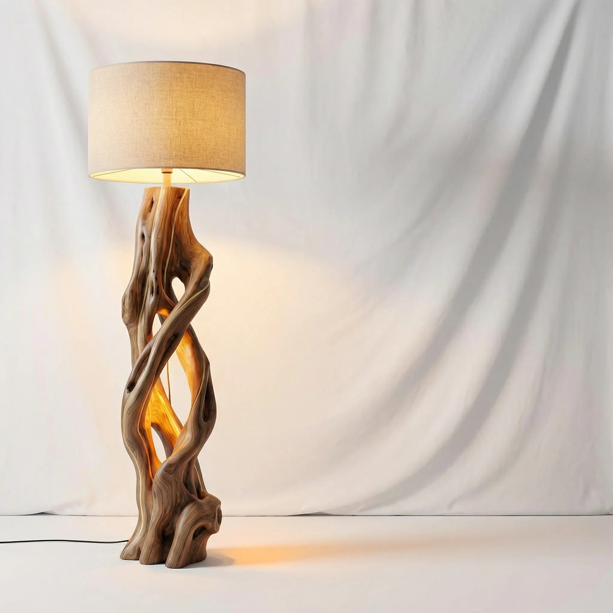 Twisted vine wooden floor lamp with natural solid wood base and fabric lampshade