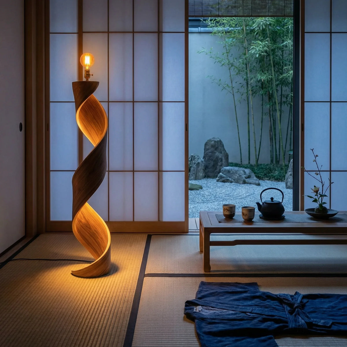Twisted ribbon wood floor lamp with exposed bulb in a modern Japanese-style room
