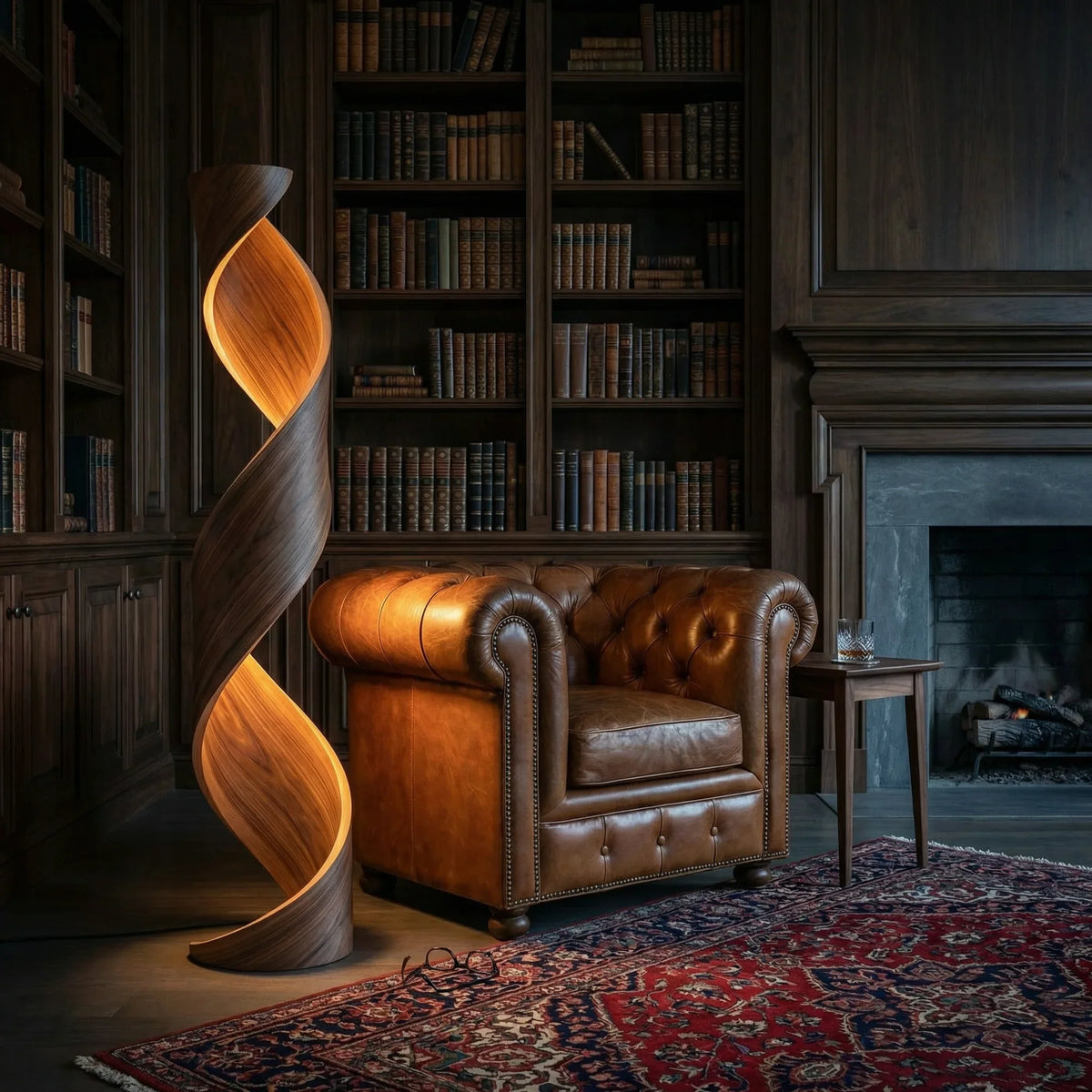 Twisted ribbon wood floor lamp with fabric shade beside leather armchair in cozy library