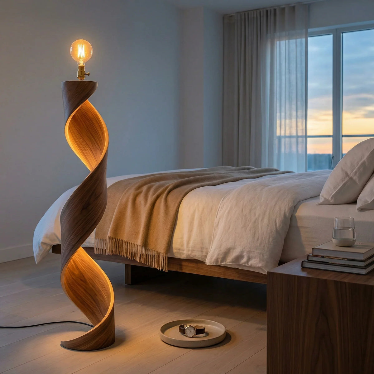 Twisted ribbon wood floor lamp with exposed bulb in a modern bedroom