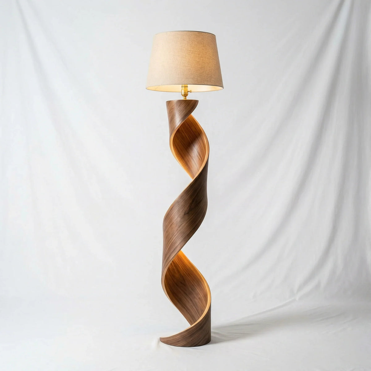 Modern twisted ribbon wood floor lamp with beige fabric shade, minimalist design