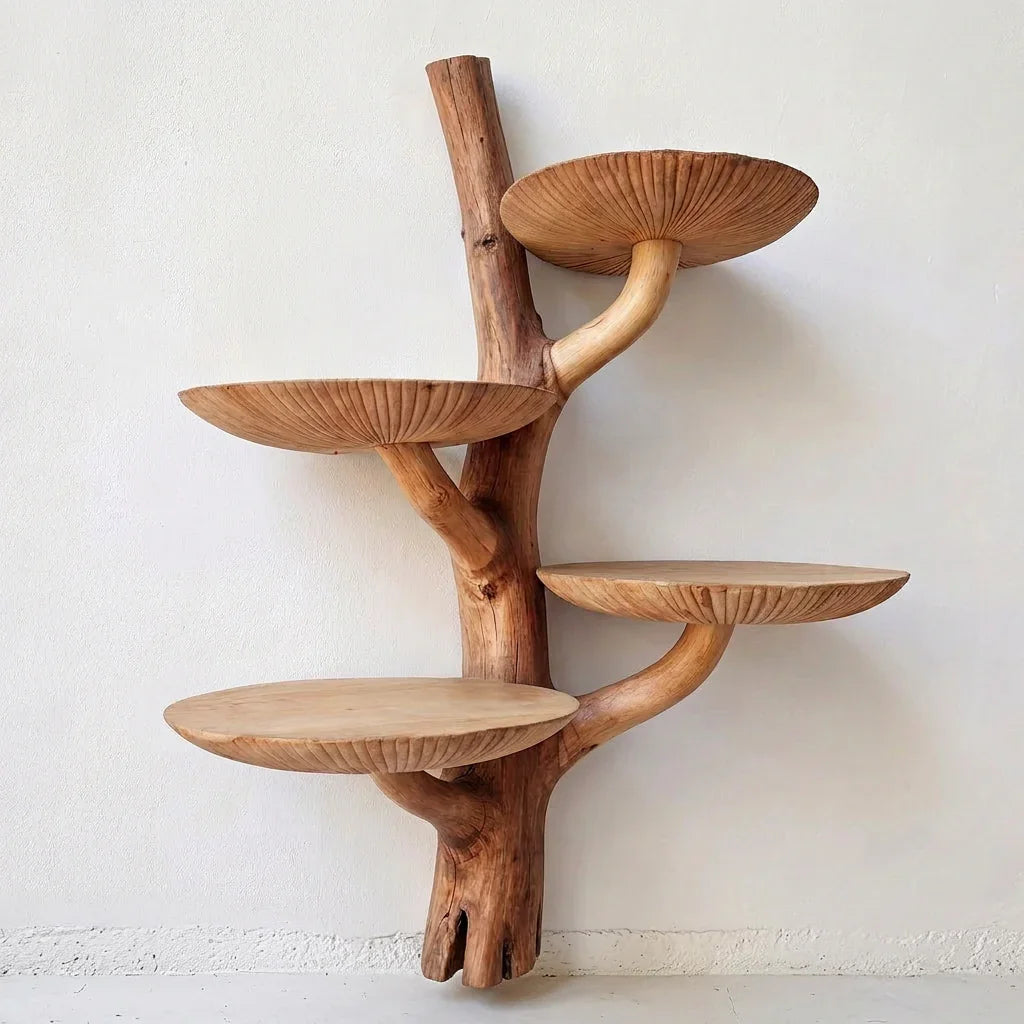 Mushroom Tree Wall Shelf with Root Base and 4 Dished Caps - Handcrafted Two-Tone Solid Wood Floating Shelf for Living Room, Bedroom, Entryway - Ashdeco 2026