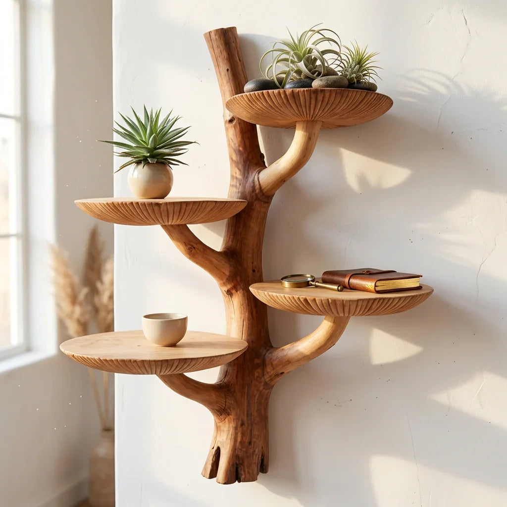 Mushroom Tree Wall Shelf with Root Base and 4 Dished Caps - Handcrafted Two-Tone Solid Wood Floating Shelf for Living Room, Bedroom, Entryway - Ashdeco 2026