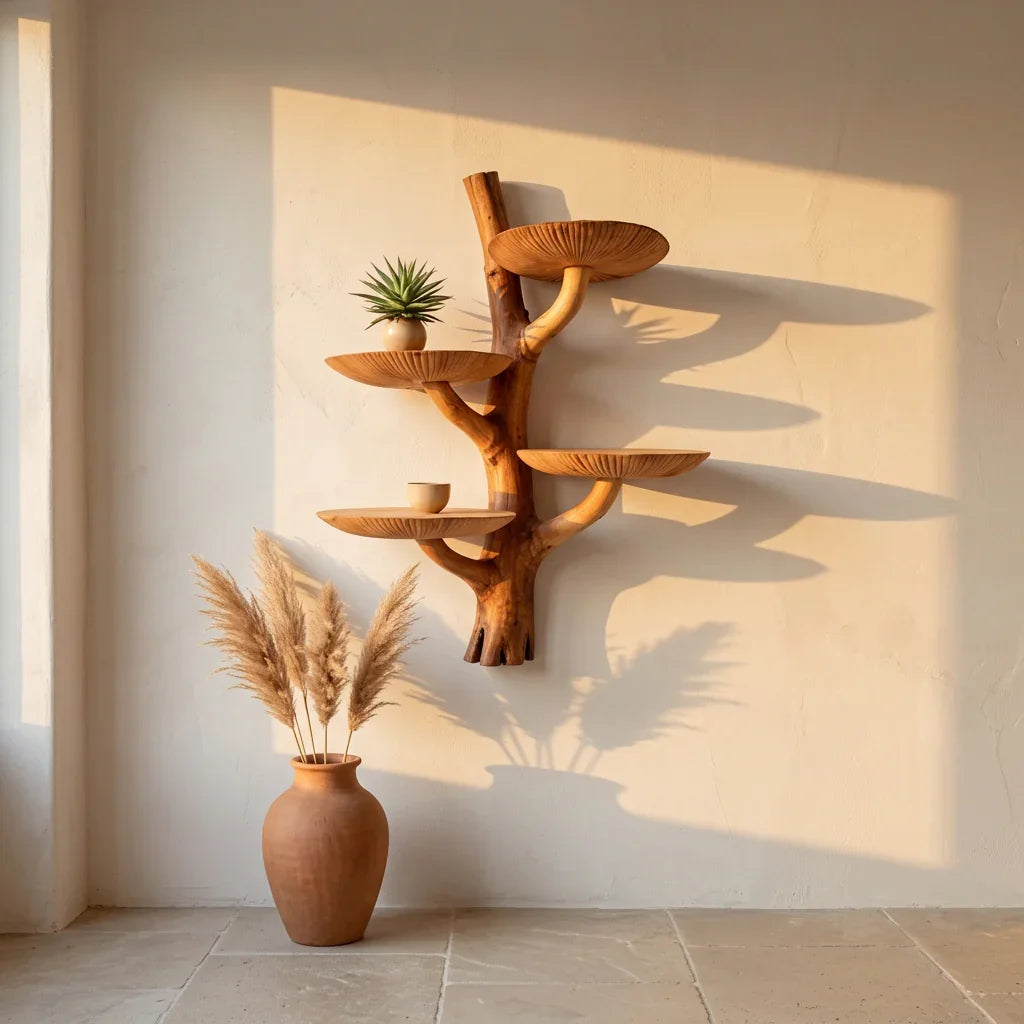 Mushroom Tree Wall Shelf with Root Base and 4 Dished Caps - Handcrafted Two-Tone Solid Wood Floating Shelf for Living Room, Bedroom, Entryway - Ashdeco 2026