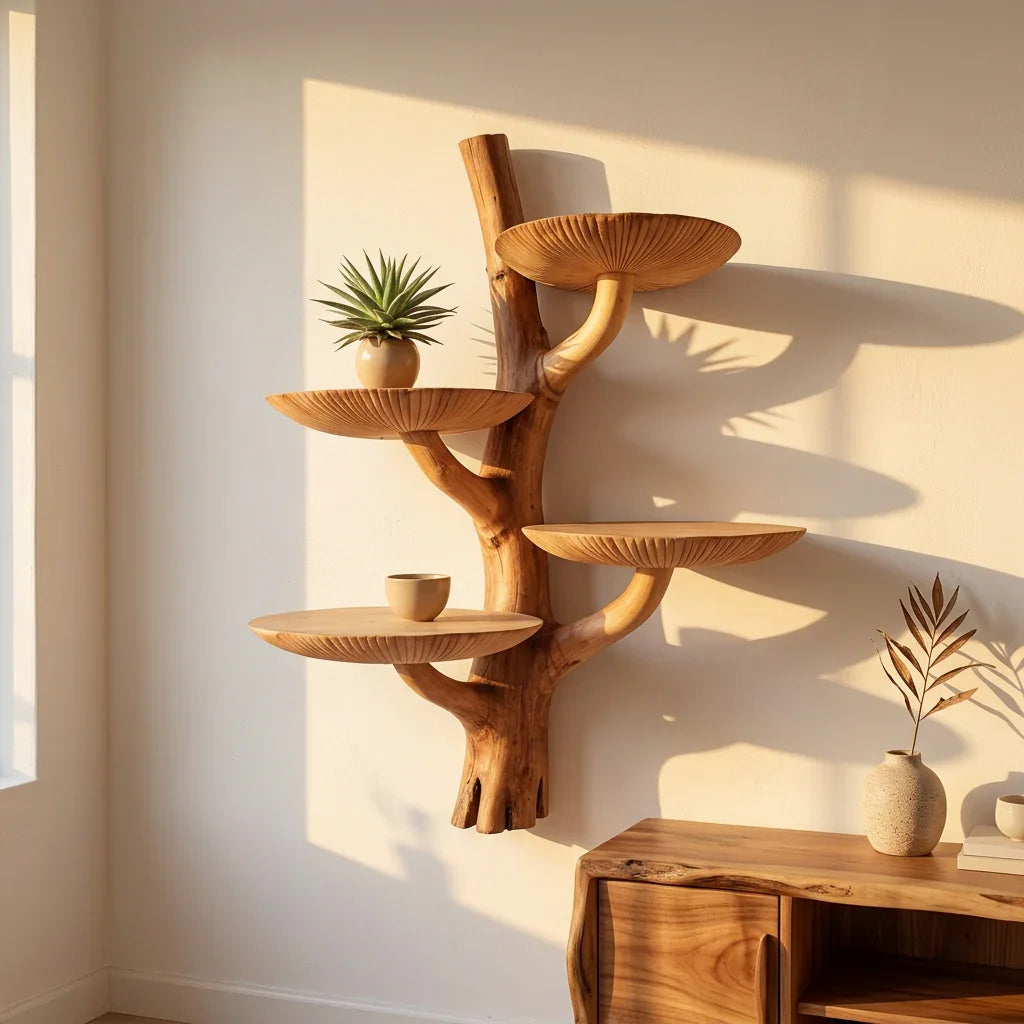 Mushroom Tree Wall Shelf with Root Base and 4 Dished Caps - Handcrafted Two-Tone Solid Wood Floating Shelf for Living Room, Bedroom, Entryway - Ashdeco 2026