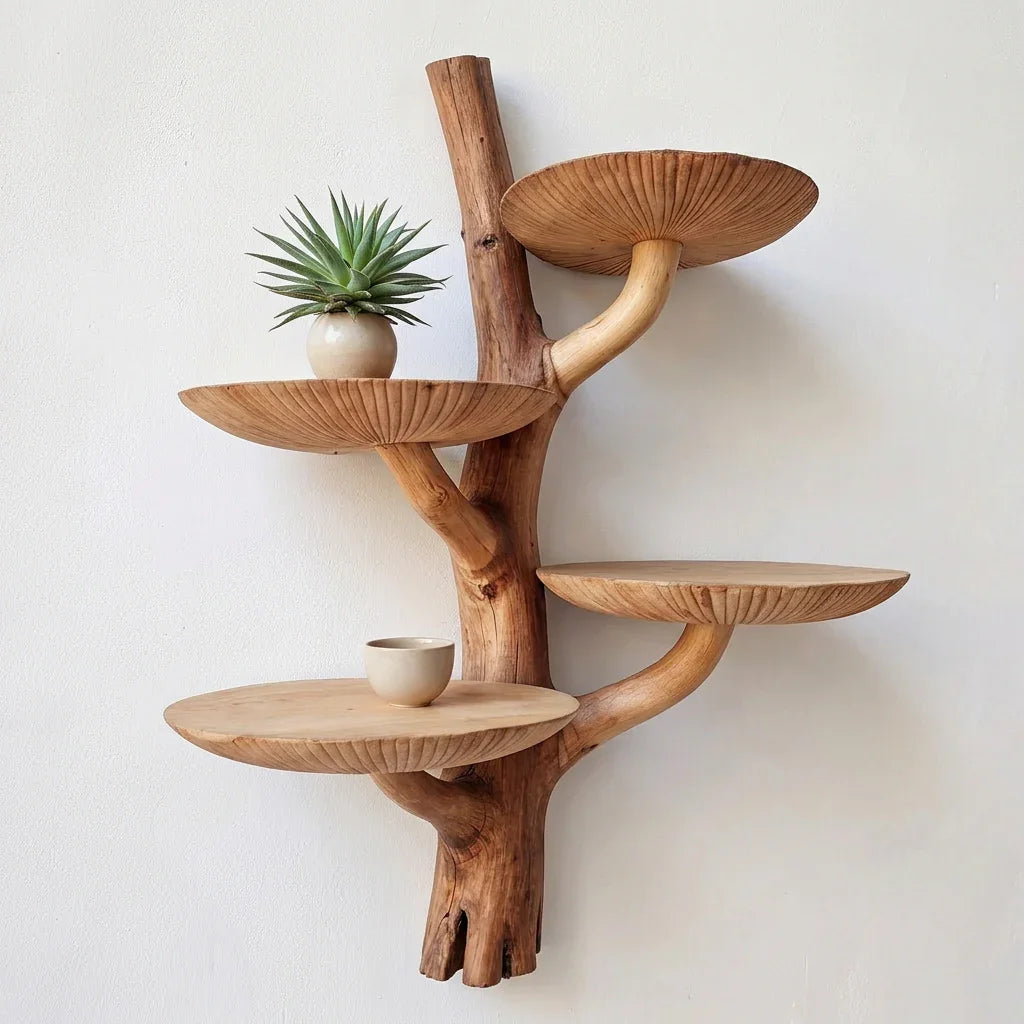 Mushroom Tree Wall Shelf with Root Base and 4 Dished Caps - Handcrafted Two-Tone Solid Wood Floating Shelf for Living Room, Bedroom, Entryway - Ashdeco 2026