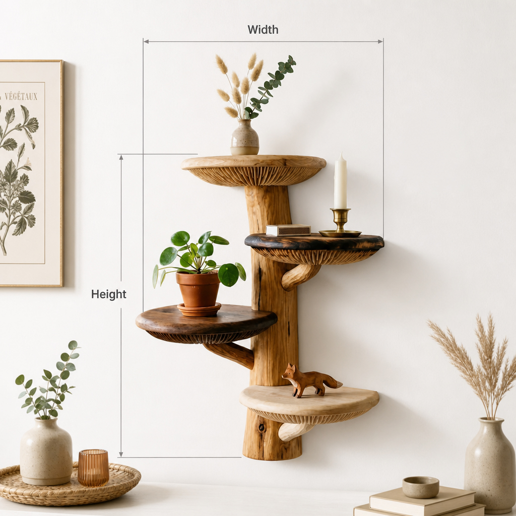 Two-Tone Mushroom Tree Wall Shelf with 4 Wide Round Platforms - Handcrafted Solid Wood Floating Shelf with Mixed Wood Caps and Visible Gill Carving