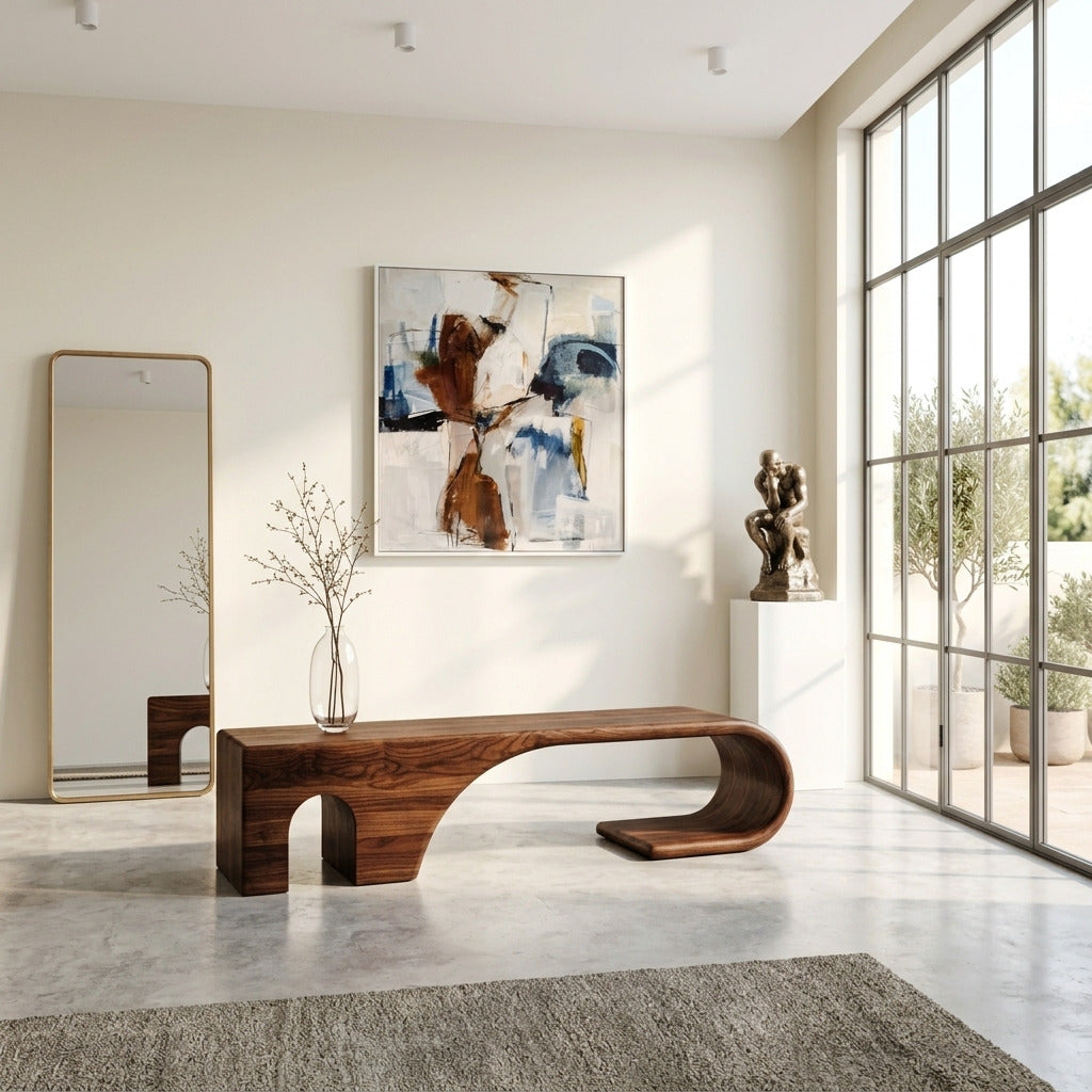 Unique curved solid wood entry bench in a modern foyer