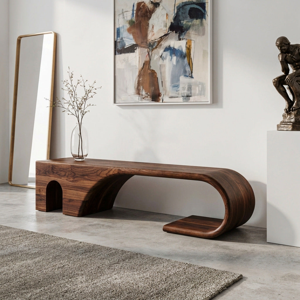 Modern curved wooden bench crafted from solid wood