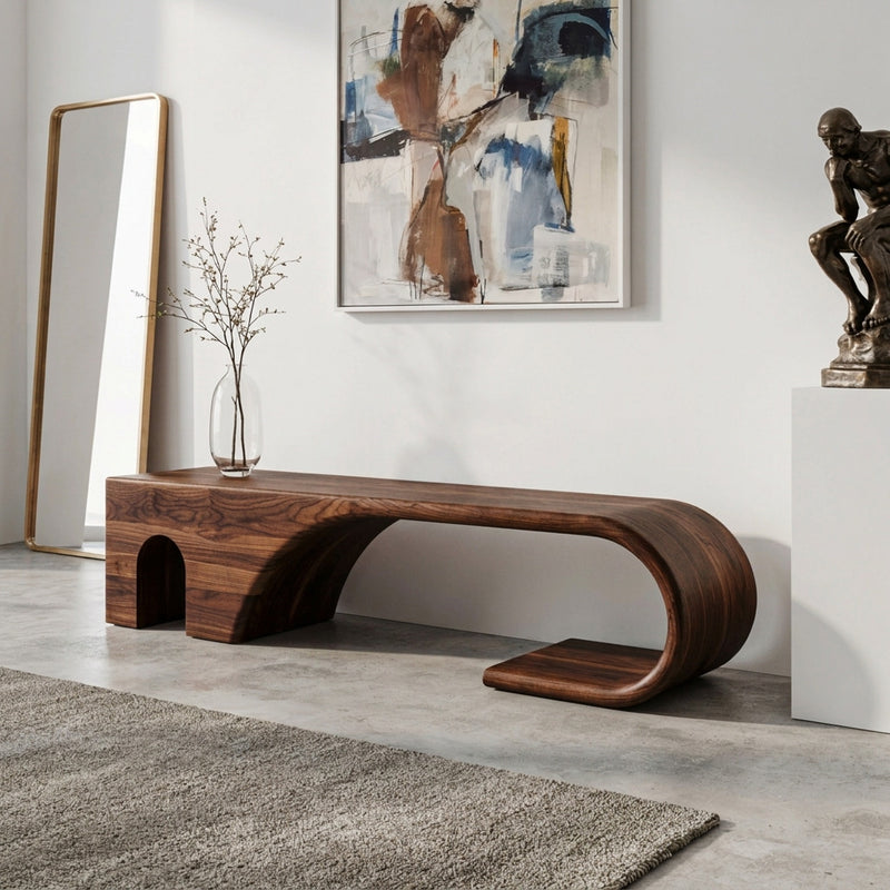 Modern curved wooden bench crafted from solid wood