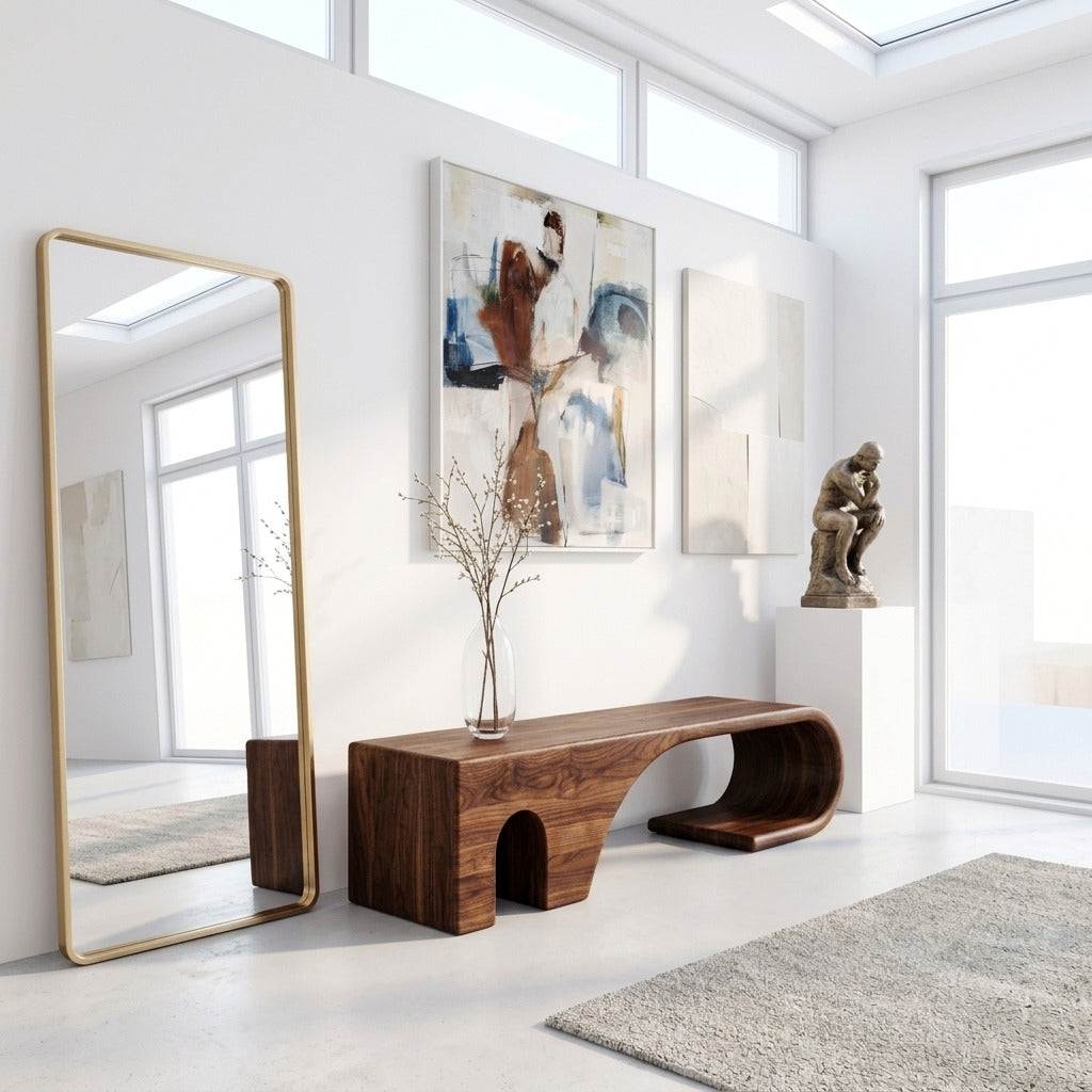Solid wood hallway bench adding warmth to a modern entrance