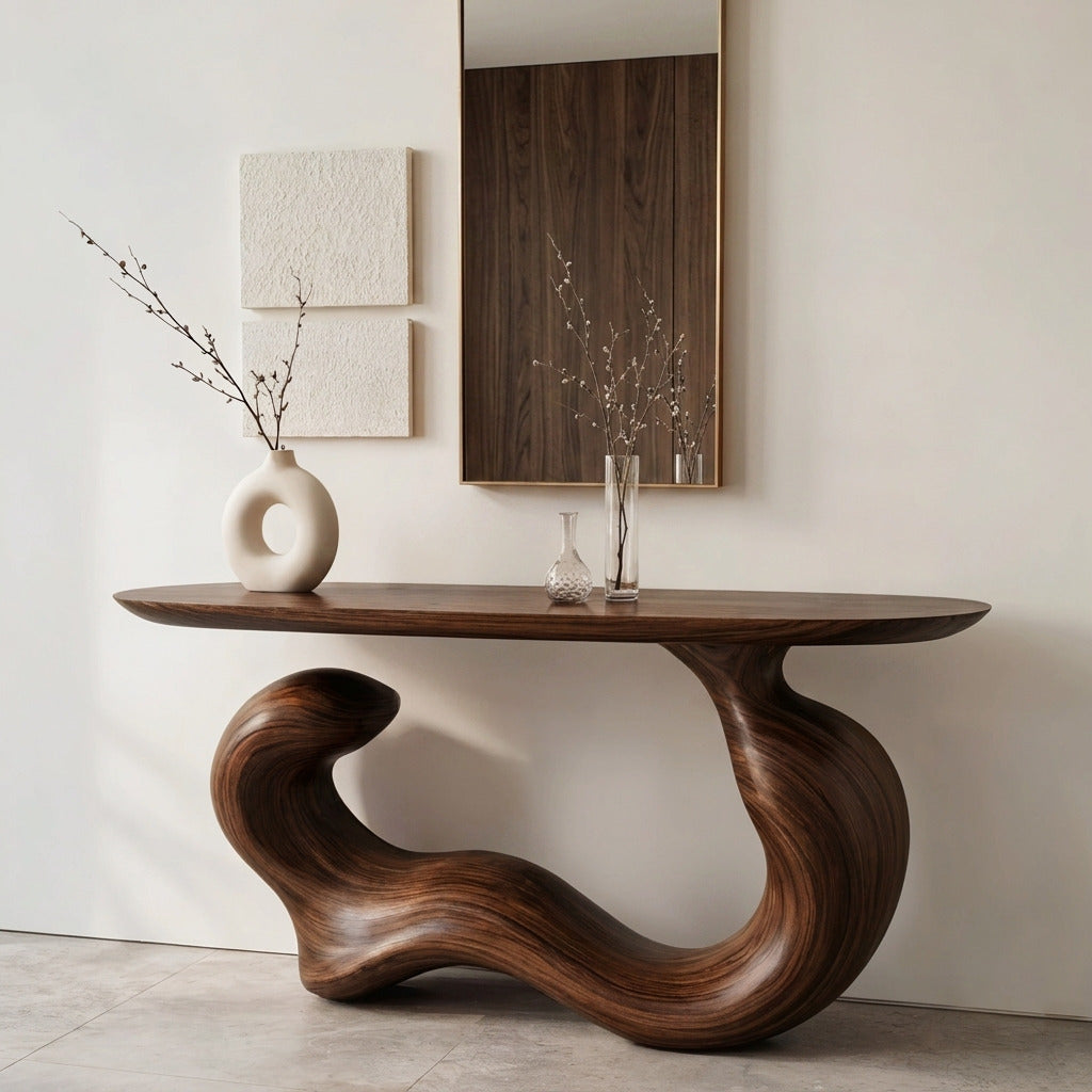 Japandi solid wood console table in a modern entryway