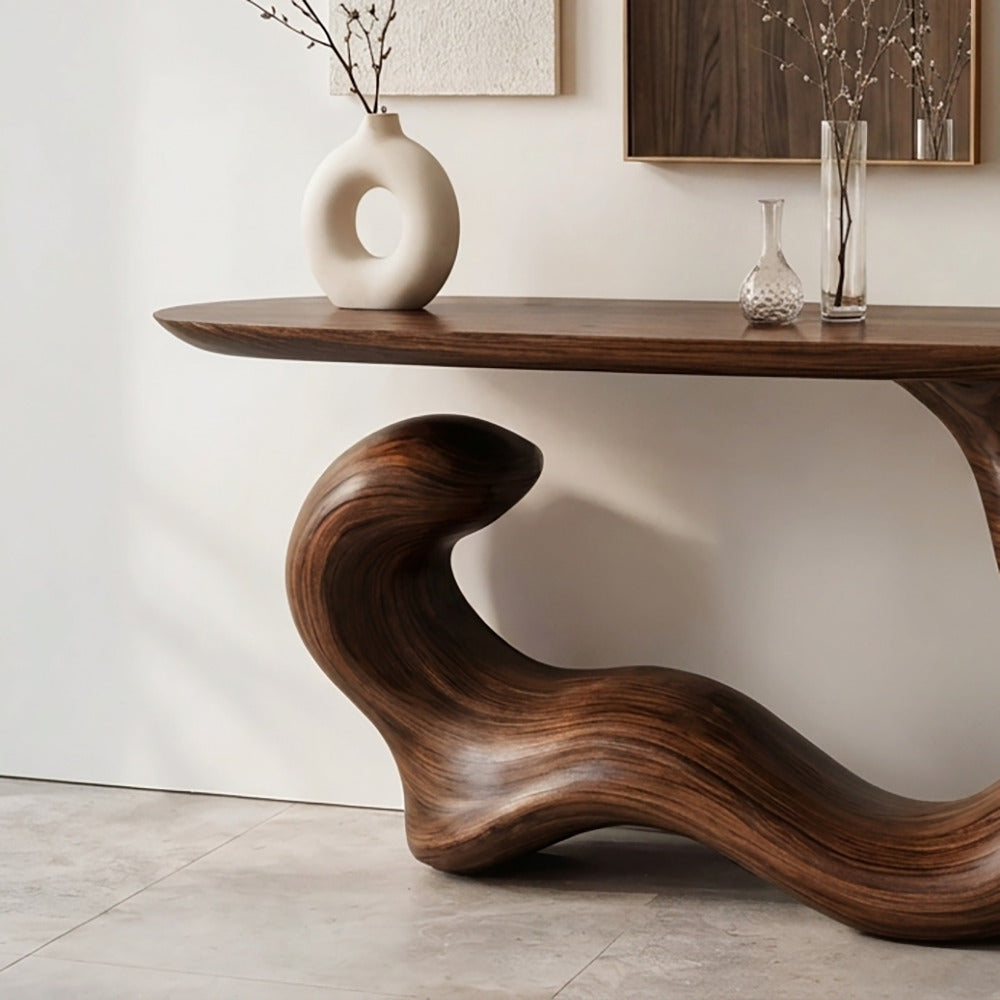 Artistic curved wooden console table in natural wood