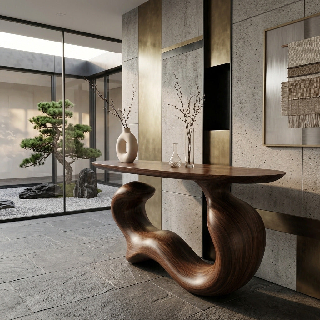 Modern curved console table in a luxury apartment entrance