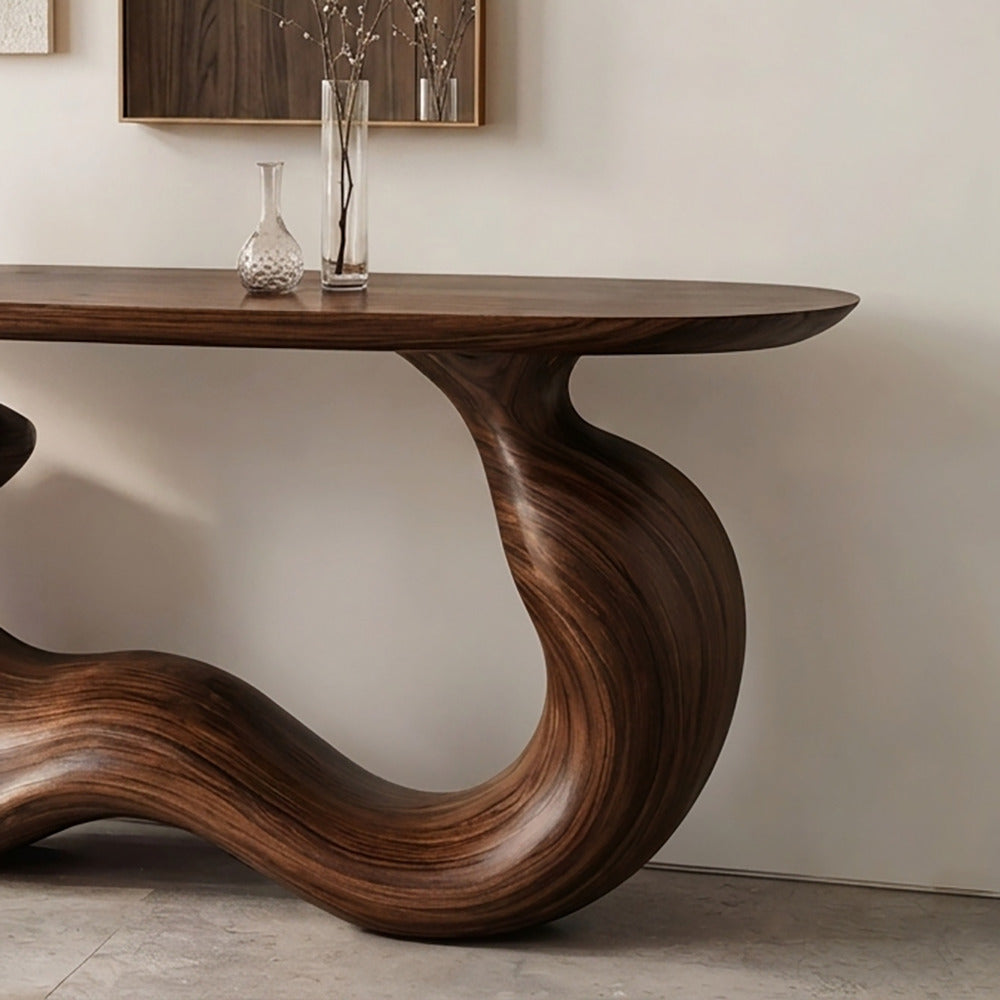 Modern solid wood entryway console with flowing design