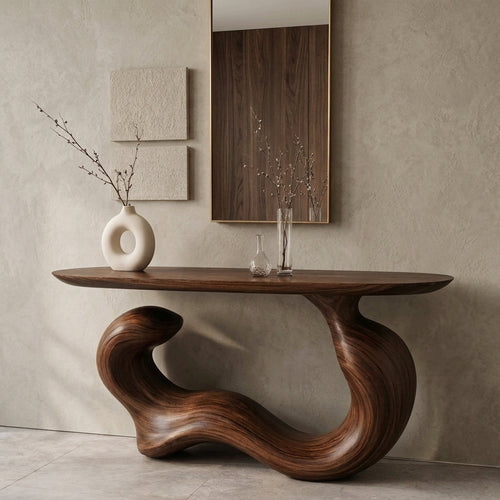 Unique Curved Wood Console Table – Japandi Flowing Entryway Accent