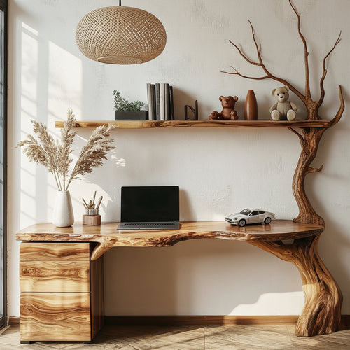 Unique Live Edge Solid Wood Workspace with Tree Leg – Artistic Corner Desk