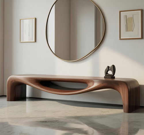 Unique Organic Shape Solid Wood Sculptural Entryway Bench