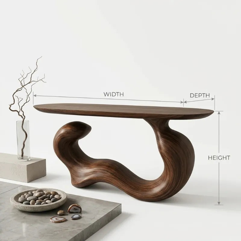 Unique Curved Wood Console Table – Japandi Flowing Entryway Accent
