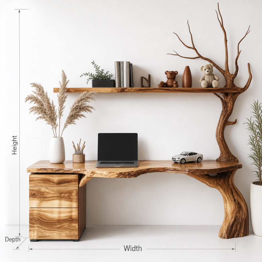 Unique Live Edge Solid Wood Workspace with Tree Leg – Artistic Corner Desk