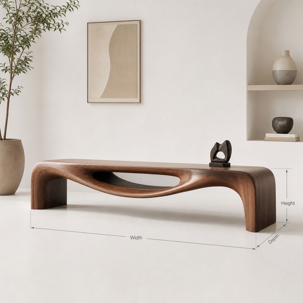 Unique Organic Shape Solid Wood Sculptural Entryway Bench