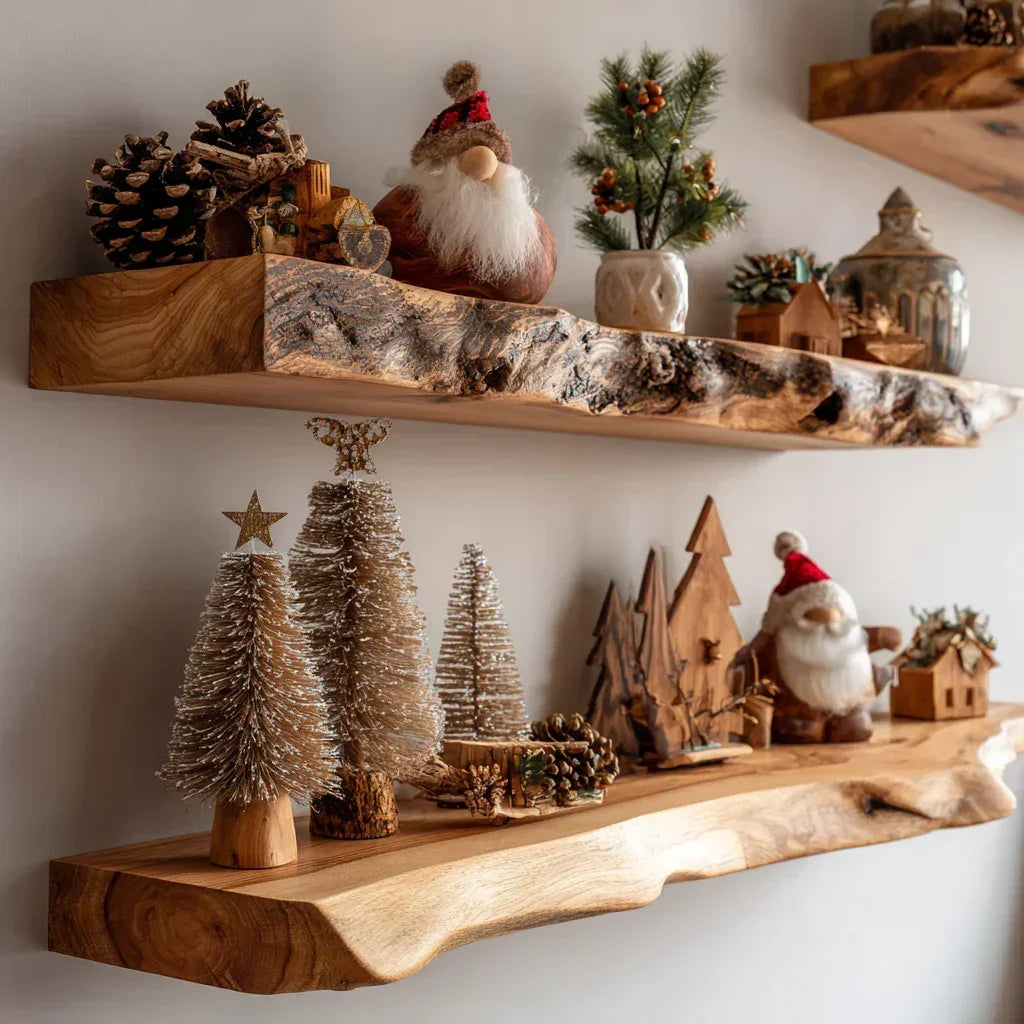 Live edge wooden floating shelves with festive holiday decor and rustic ornaments
