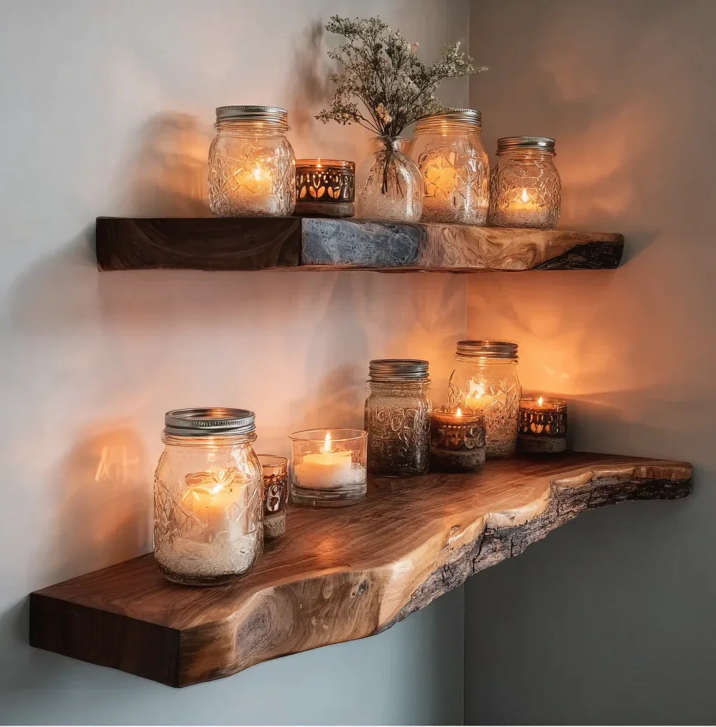 Solid wood live edge floating shelves decorated with candles and dried flowers in glass jars