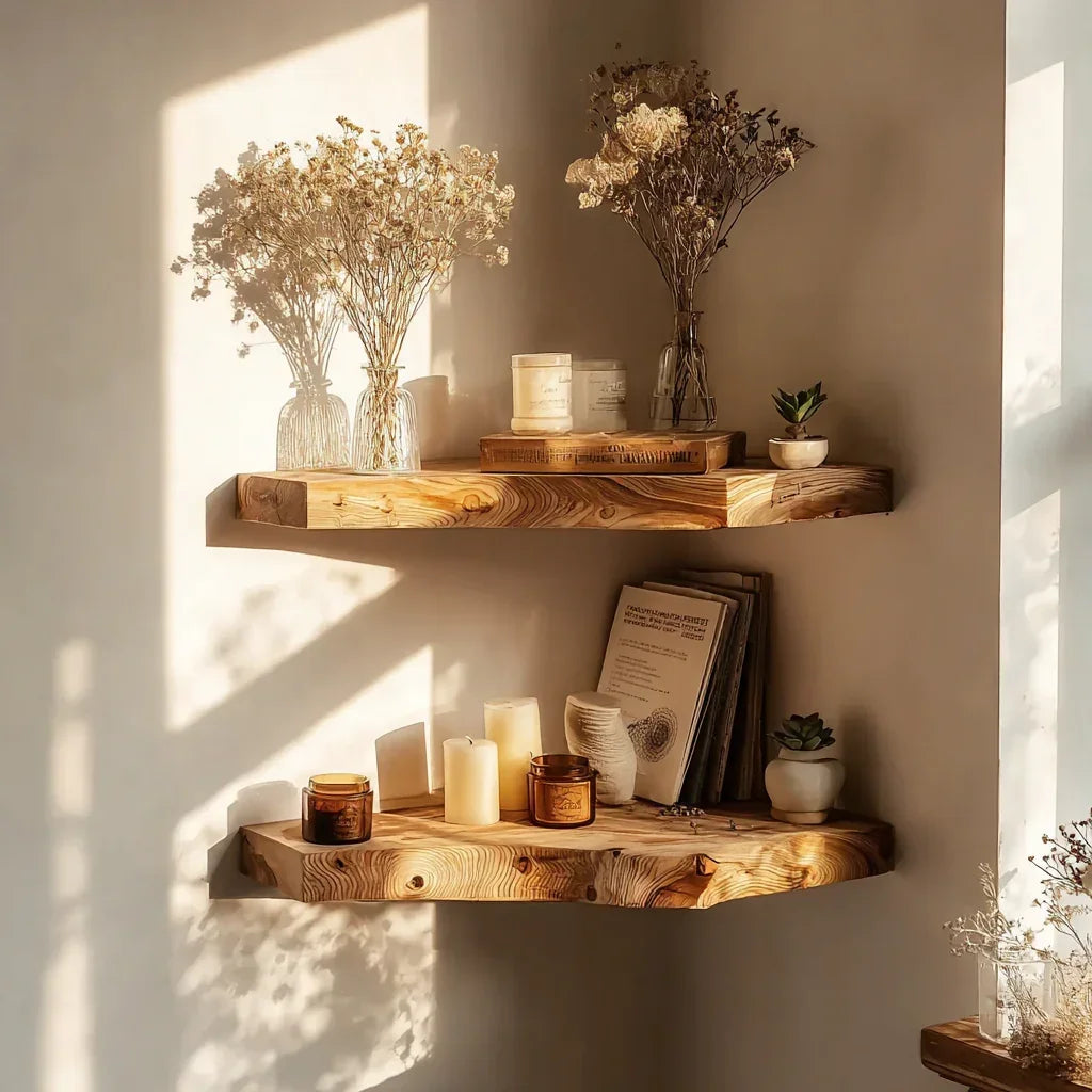 Solid wood floating corner shelves decorated with candles, books, and dried flowers