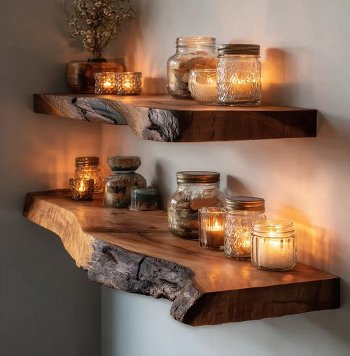 Floating Corner Wall Shelf – Live Edge Bookshelf for Décor & Housewarming Gift