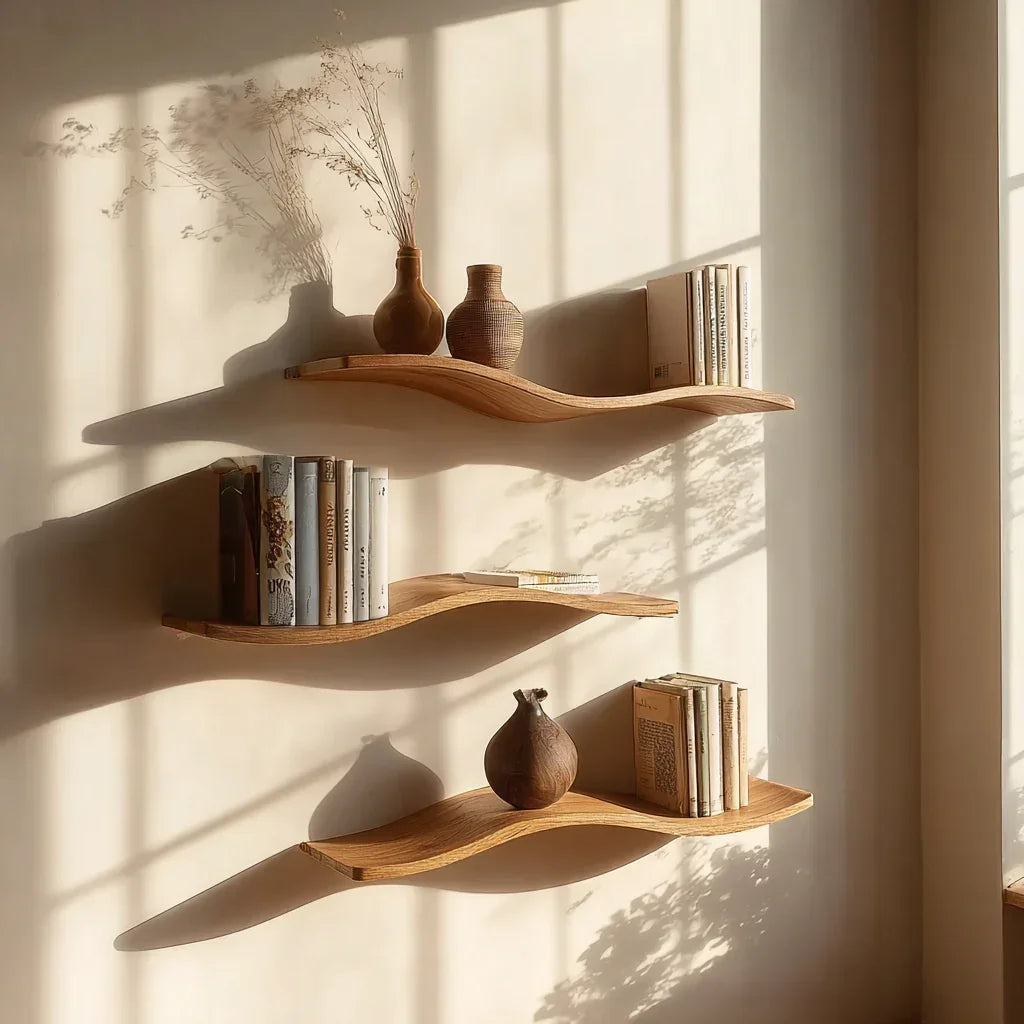 Floating live edge wooden shelves with books and ceramic vases in natural sunlight.