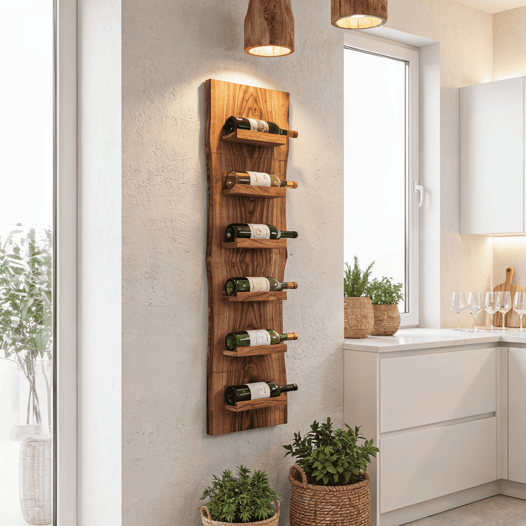Rustic hardwood wall wine holder enhancing a farmhouse dining room
