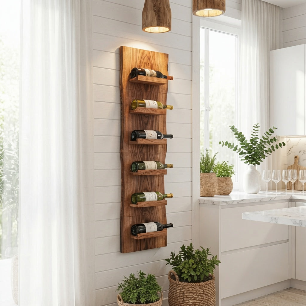 Handcrafted wooden wine rack displaying bottles and glassware in a contemporary kitchen