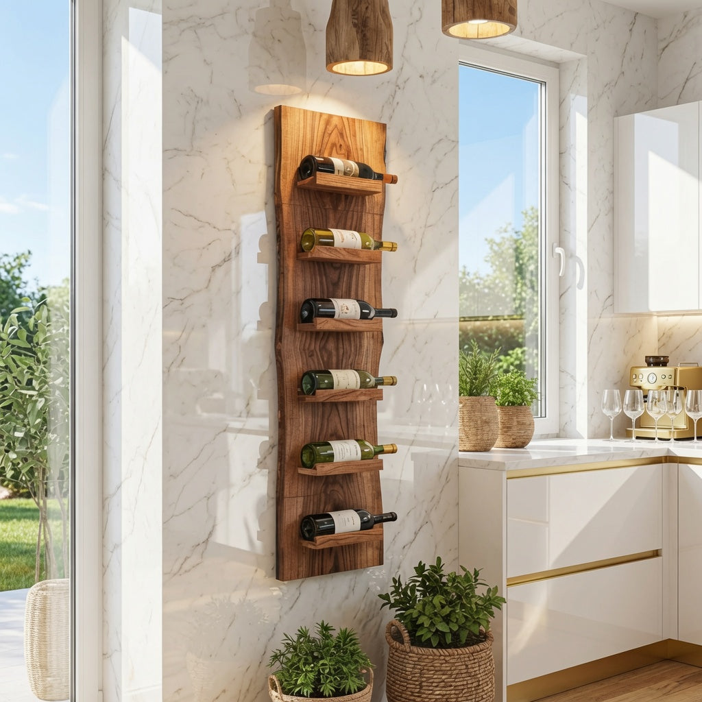 Live edge vertical wine display rack creating a focal point in an entertainment space