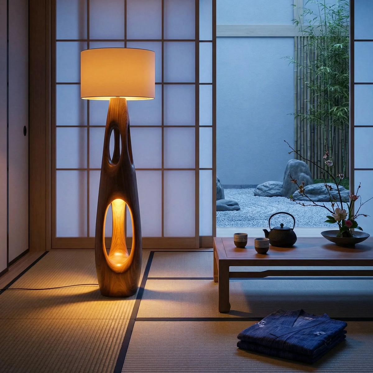 Carved wood floor lamp with dual openings in a serene minimalist room with shoji screens.