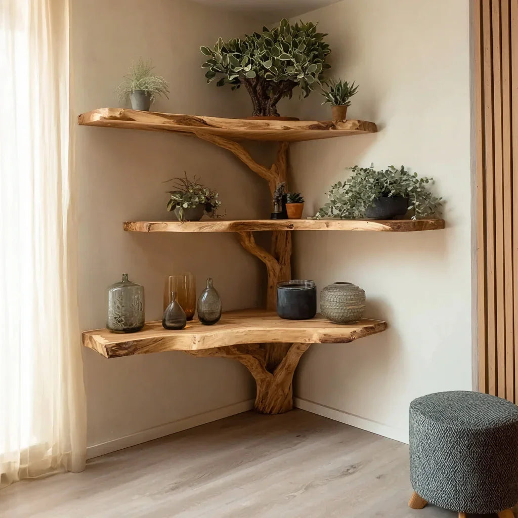 Natural wood corner wall shelves with potted plants and decorative vases in cozy modern room. Vietnamese artisan hand-carving a solid wood branch for a corner tree bookshelf in Ashdeco workshop