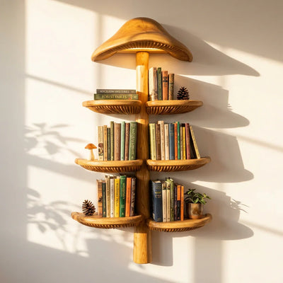 Wall Mounted Mushroom Cap Tree Bookshelf With Half Moon Gill Shelves