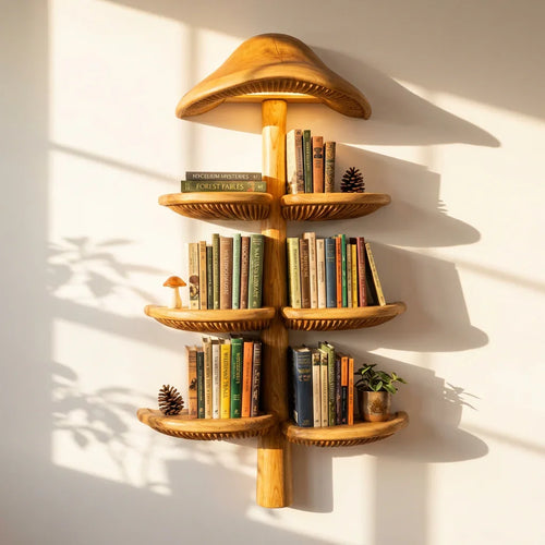 Wall Mounted Mushroom Cap Tree Bookshelf With Half Moon Gill Shelf
