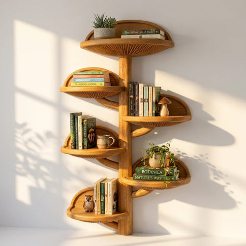 Wall Mounted Mushroom Fan Shelf Tree With Carved Gill Pattern