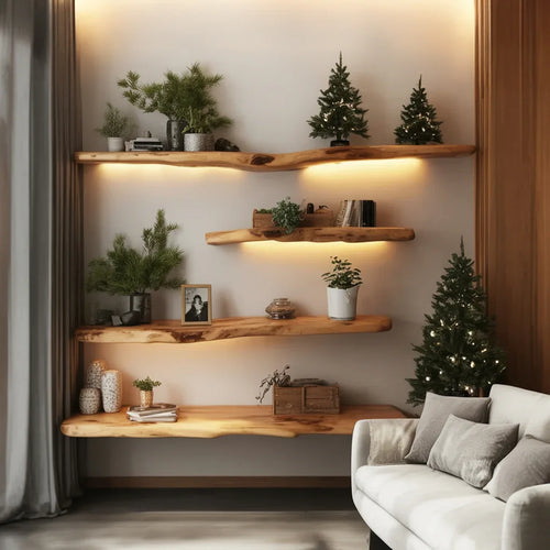 Handcrafted Live Edge Floating Shelf – Carved Wavy Wood Wall Shelf