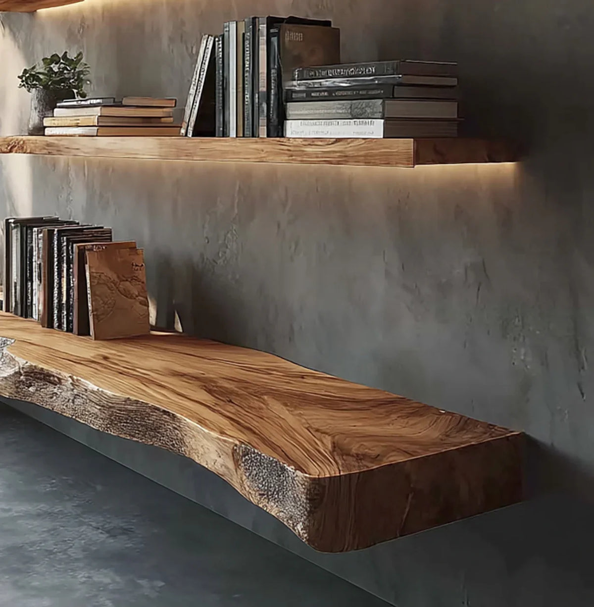 Live edge solid wood floating shelves with books, modern minimalist wall decor