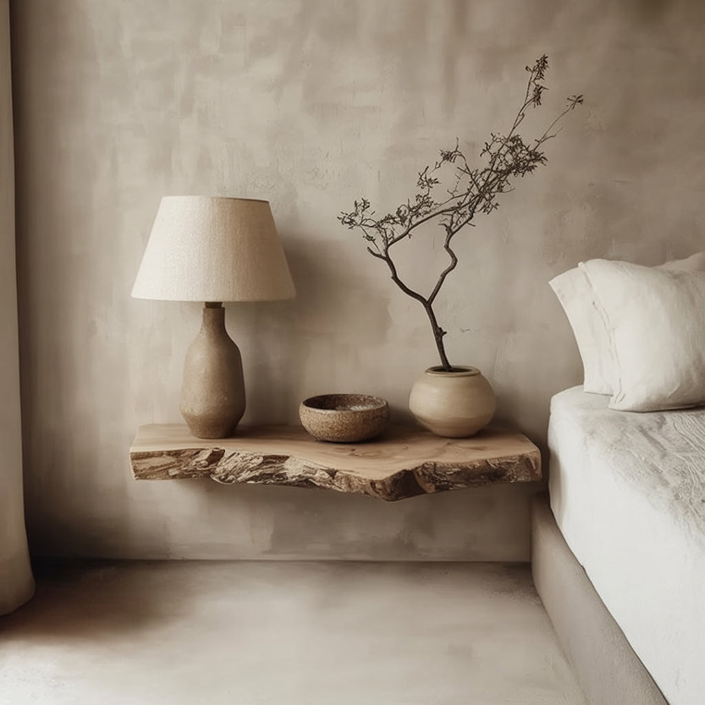 Minimalist bedroom with live edge floating wood shelf, ceramic lamp, and pottery accents