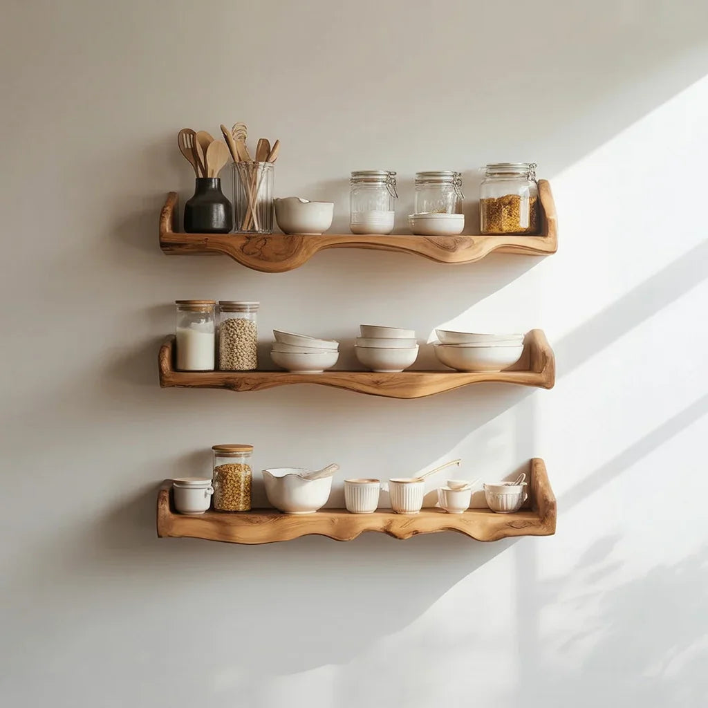 Three floating live edge wooden shelves holding kitchen jars, bowls, and utensils in sunlight.