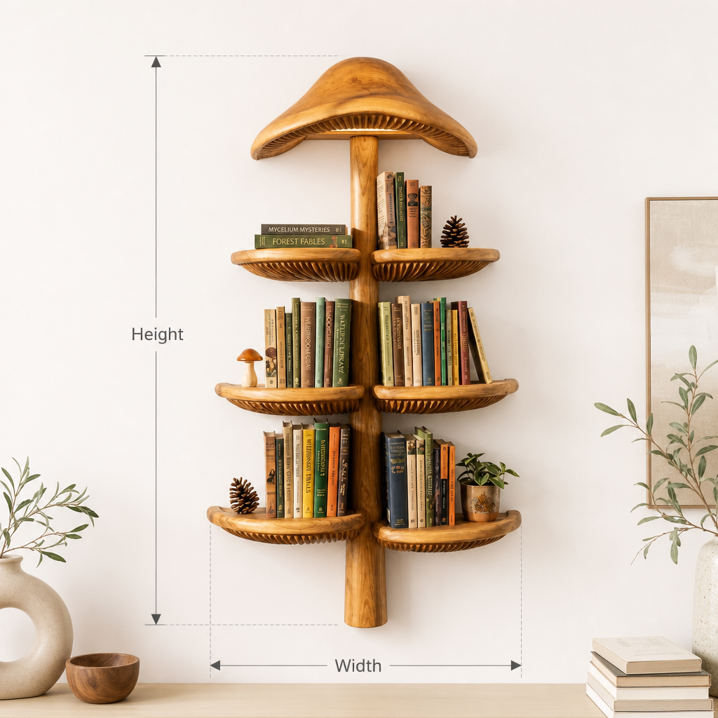Wall Mounted Mushroom Cap Tree Bookshelf With Half Moon Gill Shelf