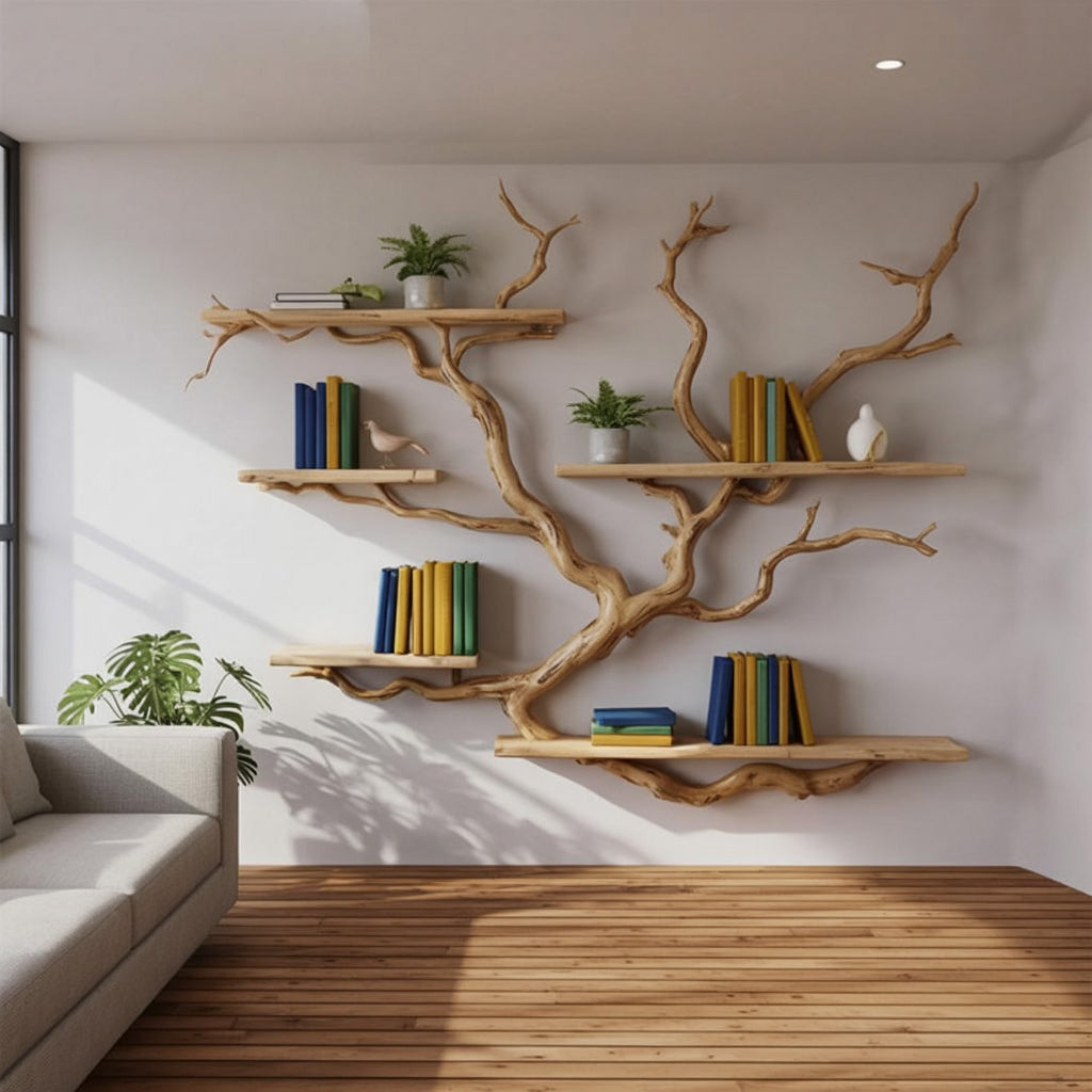 Tree branch bookshelf with books, plants, and decor in a modern living room