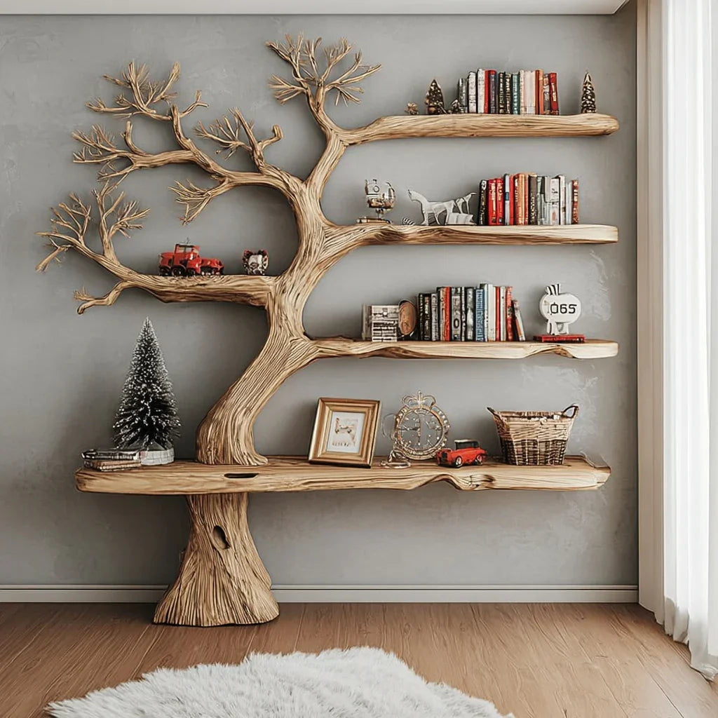 Live edge tree bookshelf with books, decor, and ornaments in a modern living room