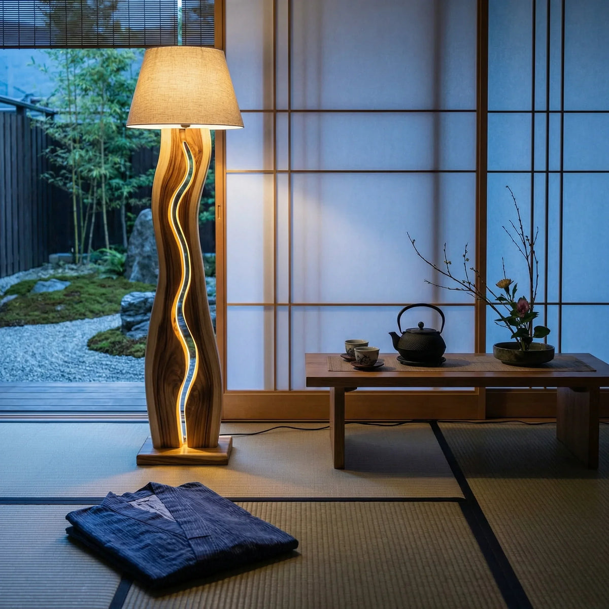 Wave channel wood floor lamp with LED strip in a modern Japanese-style room