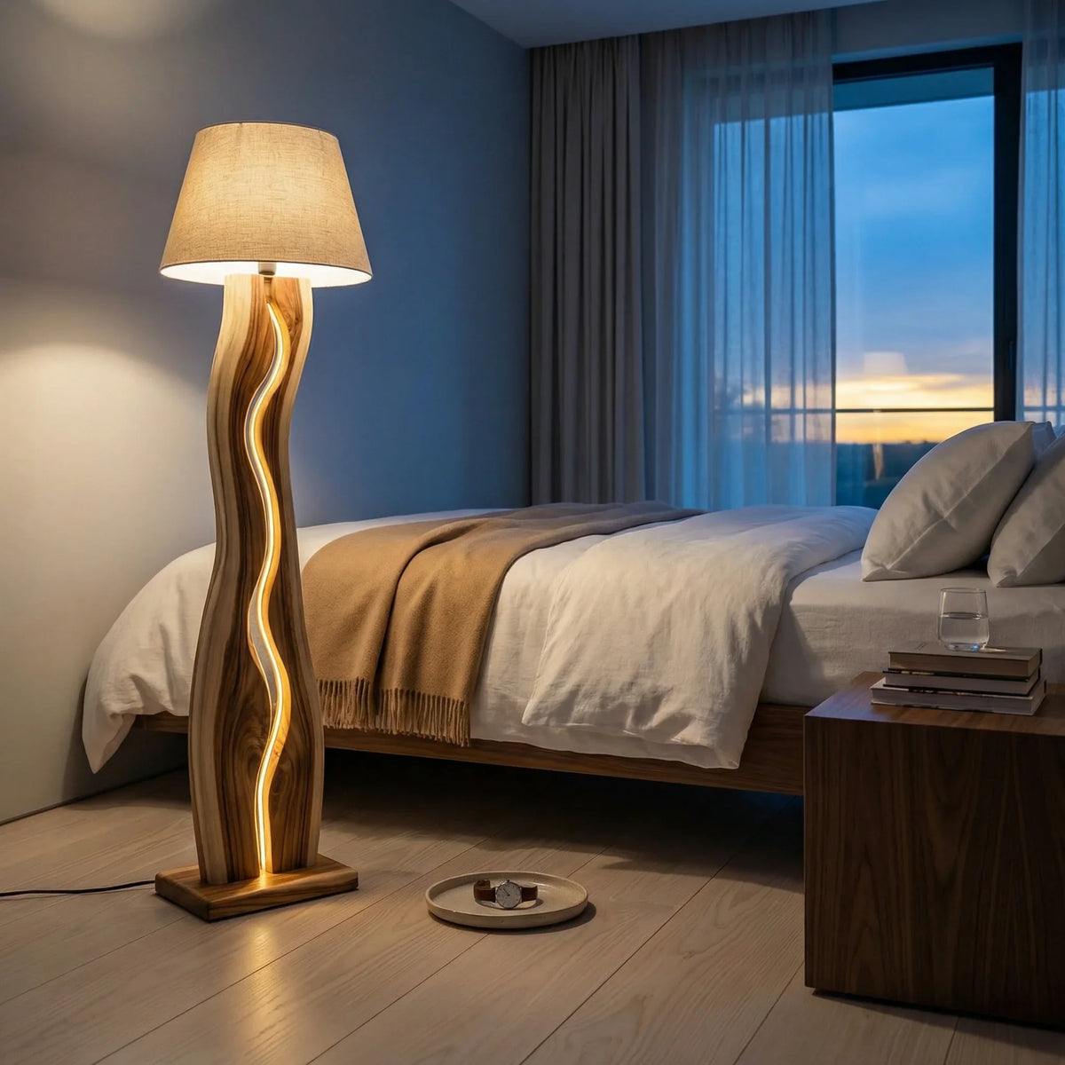 Modern bedroom with a wavy wood floor lamp featuring LED strip lighting