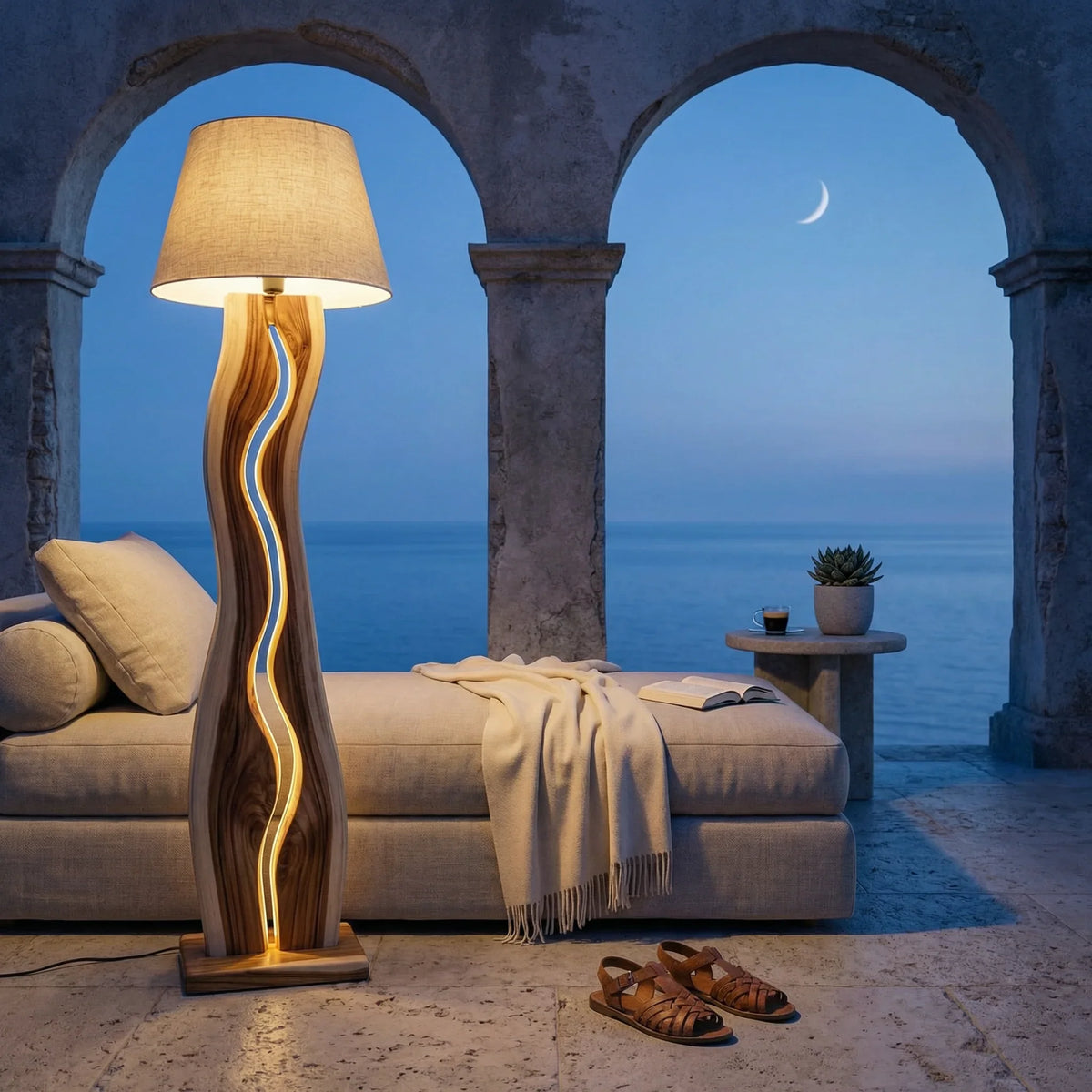 Wave channel wood floor lamp with LED strip beside sofa in outdoor coastal setting at dusk