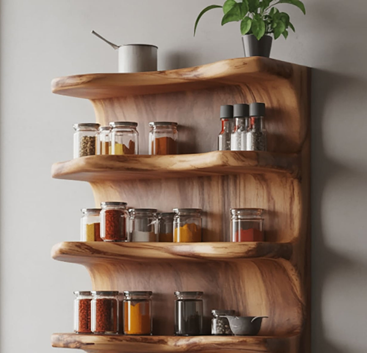 Handcrafted solid wood kitchen shelf featuring a flowing wavy edge across five tiers